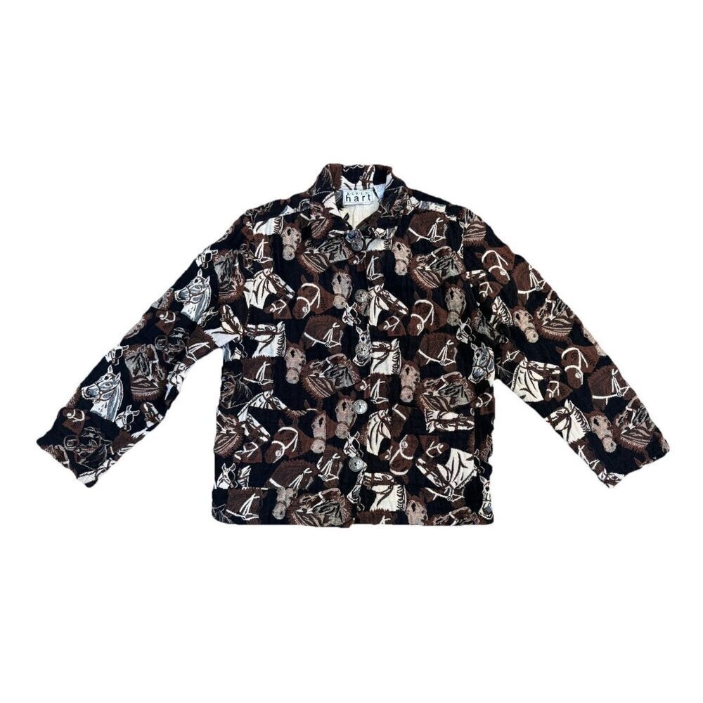 Womens Blazer Jacket Horses Equestrian Tapestry Western Textured Chore Coat MED